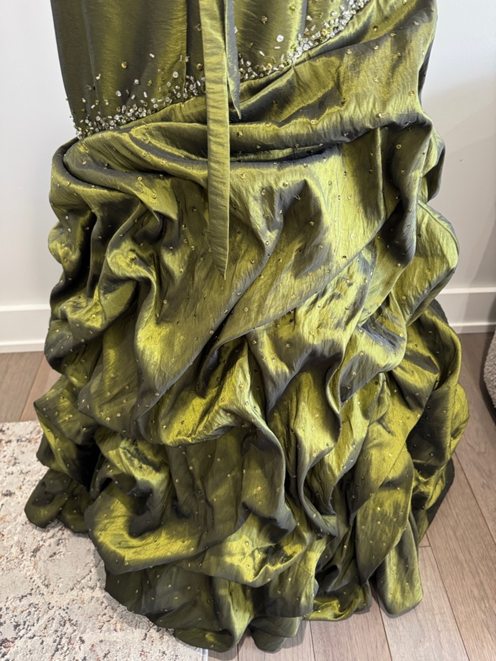 Y2K Olive Green Ball Gown Silver Gem Formal Dress Maggie Sottero - Picture 6 of 10